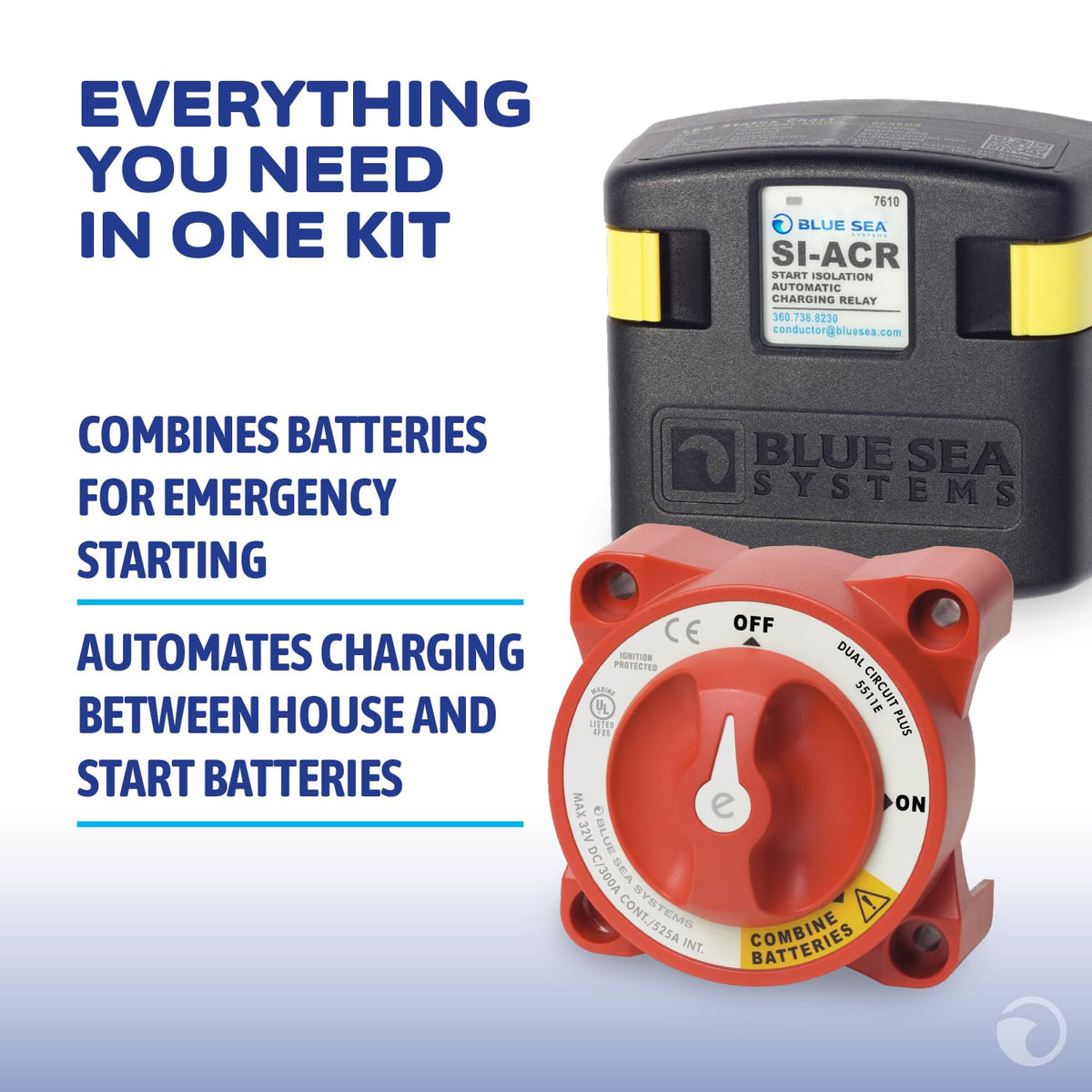Blue Sea Systems wiring layout with Automatic Charging Relay visible, illustrating simplified installation