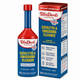 BlueDevil cleaner being poured into gas tank to help clear carbon