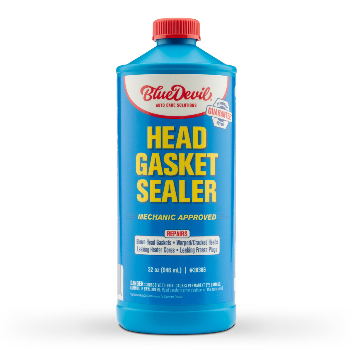 BlueDevil Products head gasket sealer quart bottle showing front label and benefit
