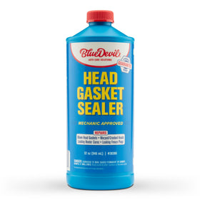 BlueDevil Products head gasket sealer quart bottle showing front label and benefit
