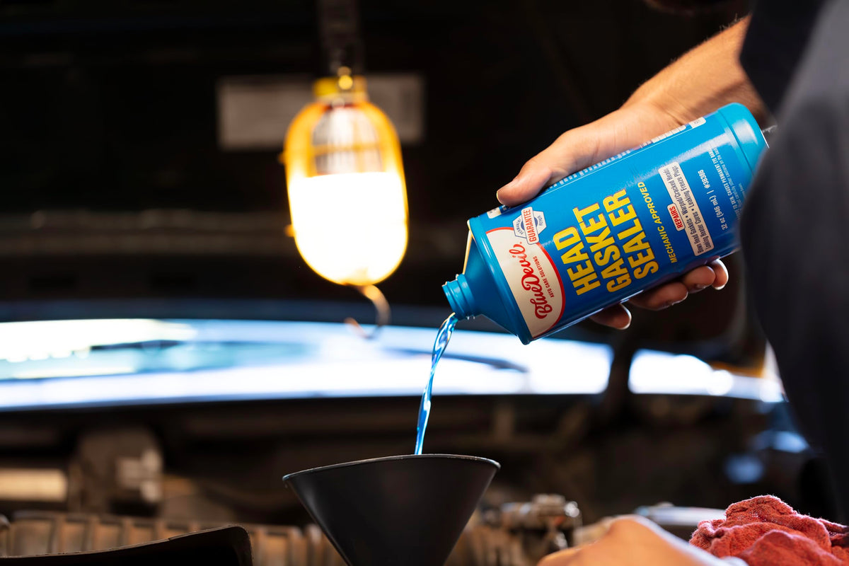 BlueDevil Products sealer in engine bay during use demonstrating leak repair benefit