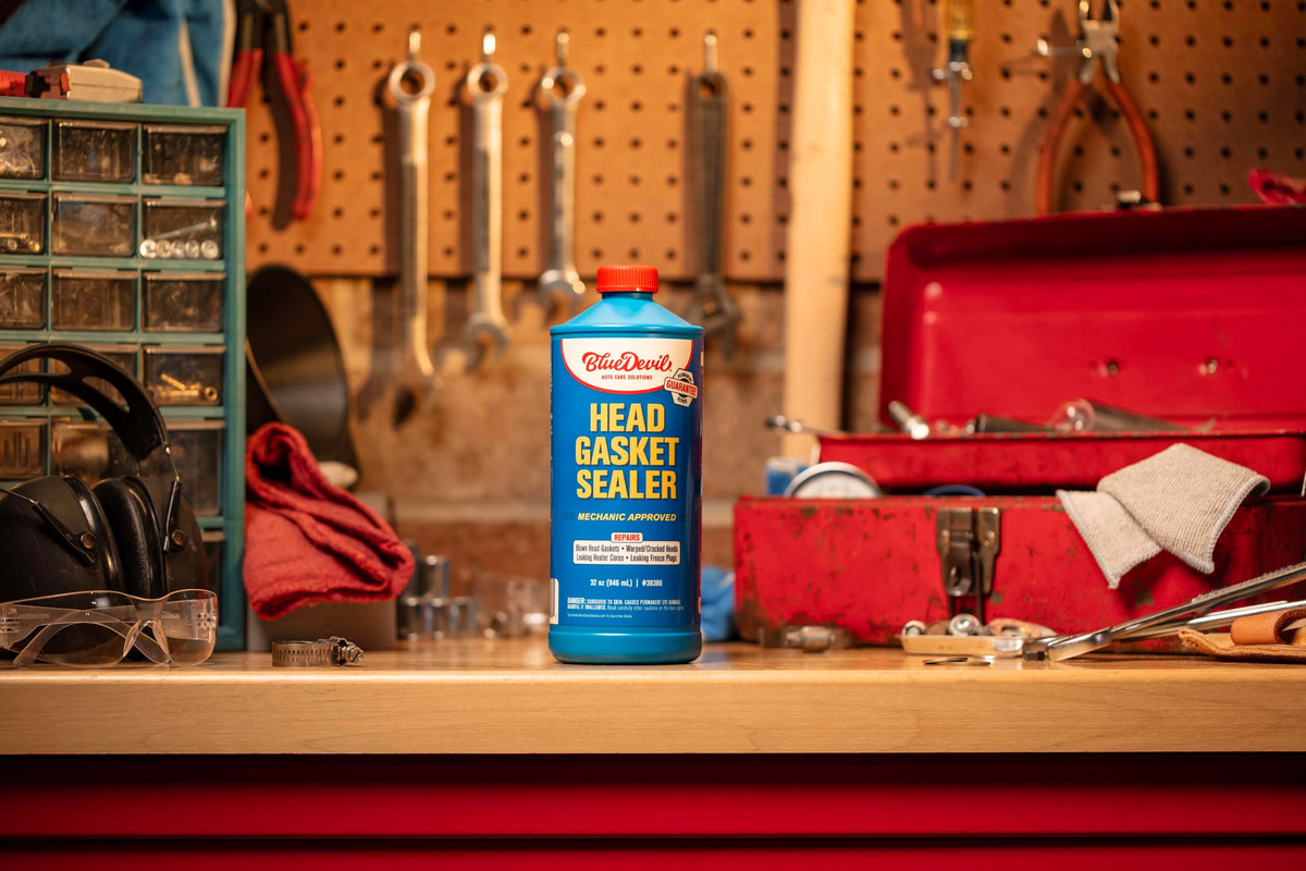 BlueDevil Products label close-up showing directions and compatibility benefits