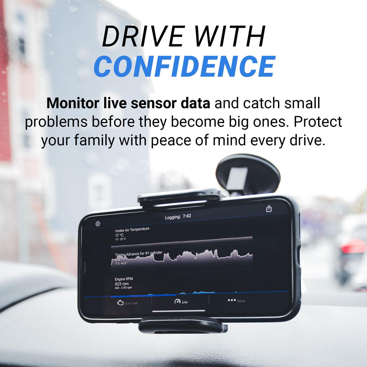 BlueDriver plugged into vehicle OBDII port for quick diagnostics benefit