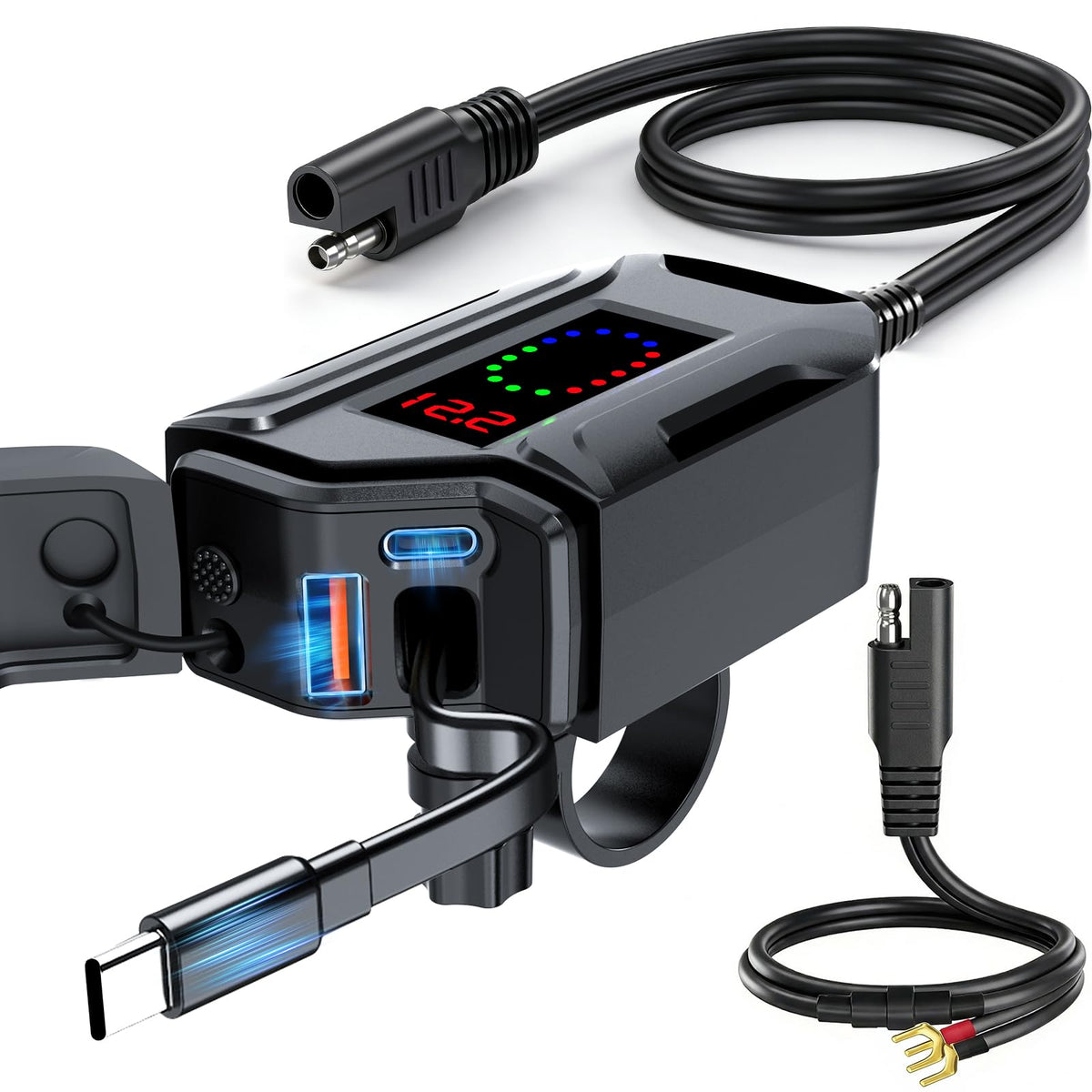BlueFire charger front view showing ports and compact design for easy mounting