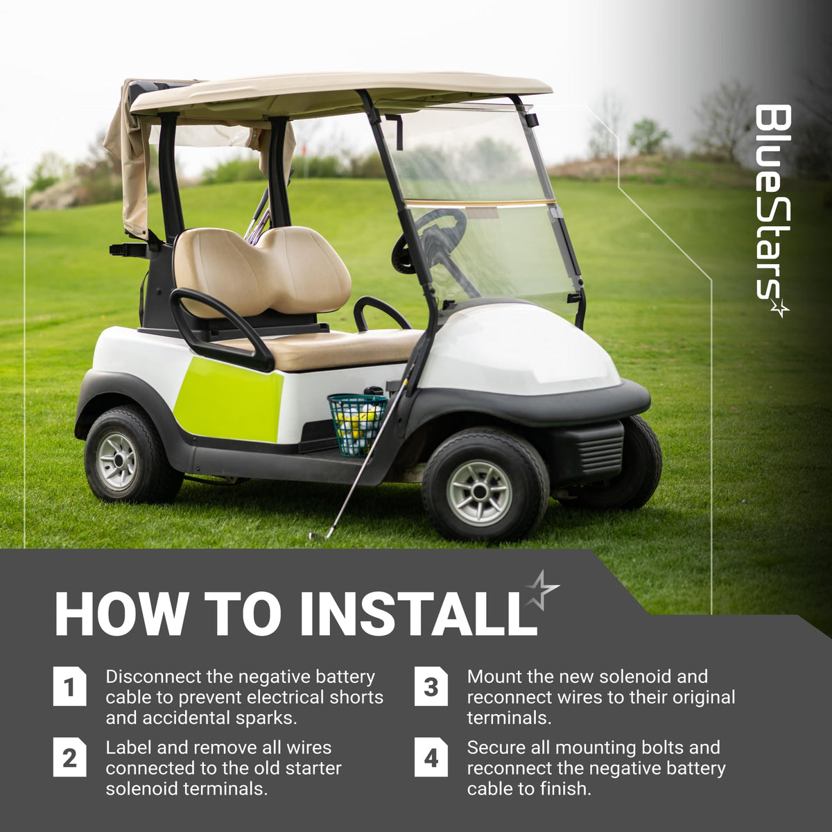 BlueStars solenoid installed in Yamaha golf cart showing reliable starter operation