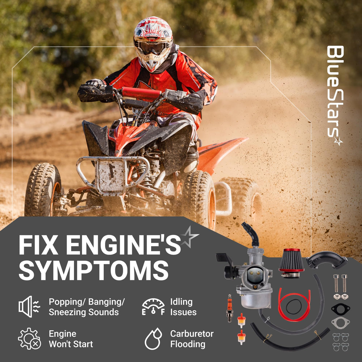 BlueStars carb mounted on a dirt bike illustrating direct replacement fit