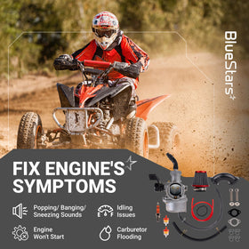 BlueStars carb mounted on a dirt bike illustrating direct replacement fit