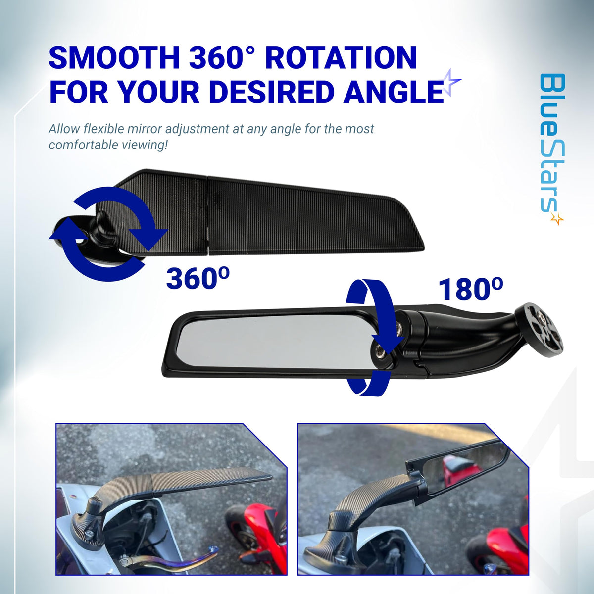 BlueStars mirror fitted on Honda sportbike illustrating sleek custom look
