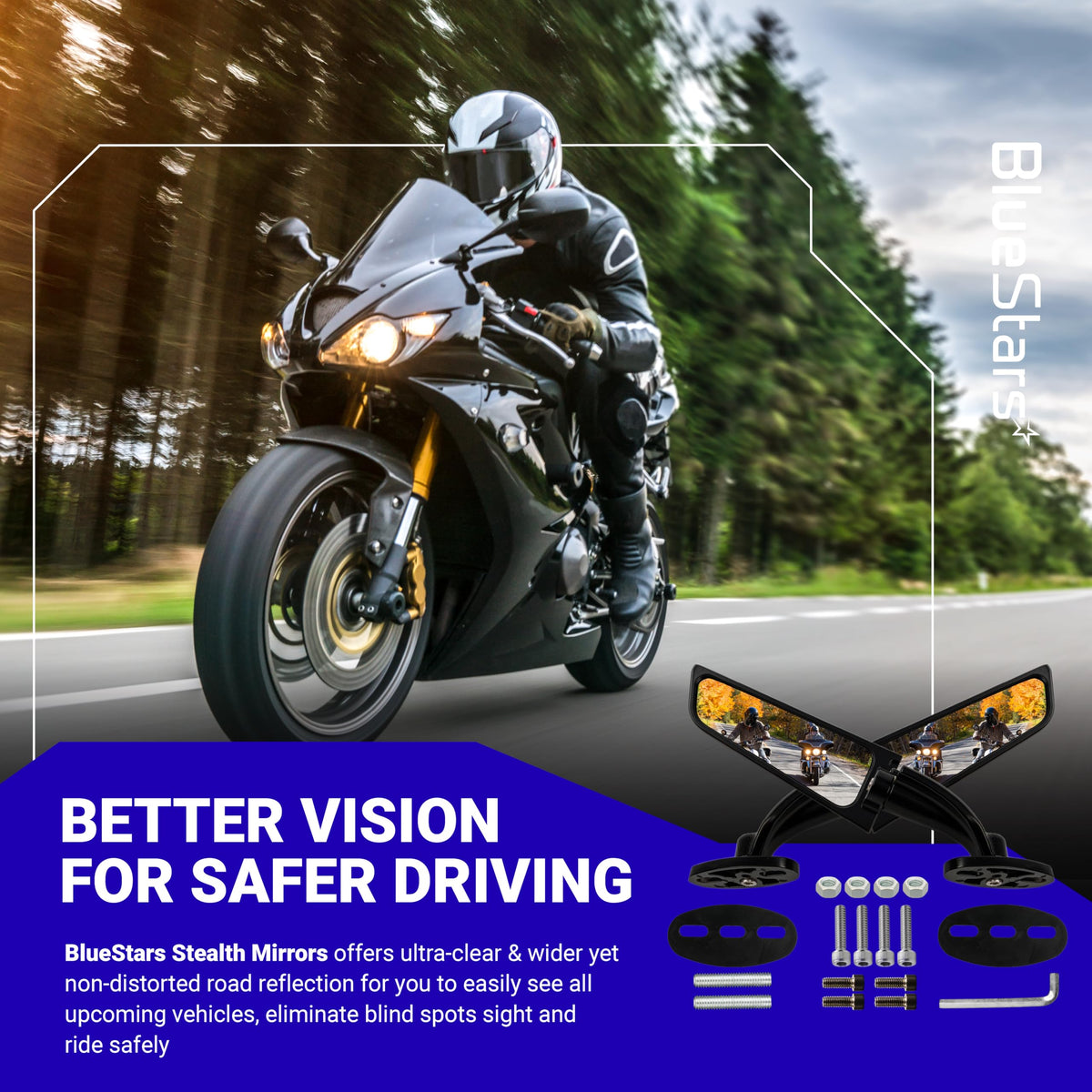 BlueStars mirror mounted on Kawasaki naked bike demonstrating clean profile