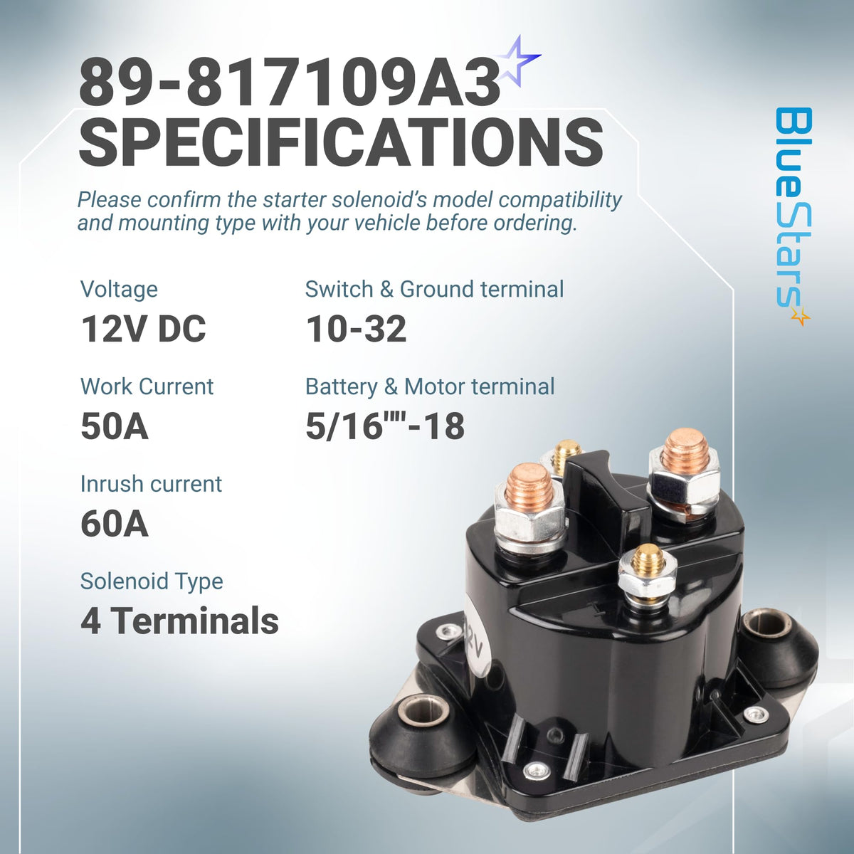 BlueStars solenoid terminal label reading part numbers for simple cross-reference