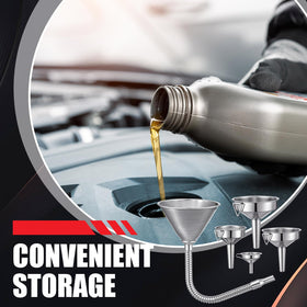 Blulu funnel in use pouring oil into a car engine for spill-free transfer