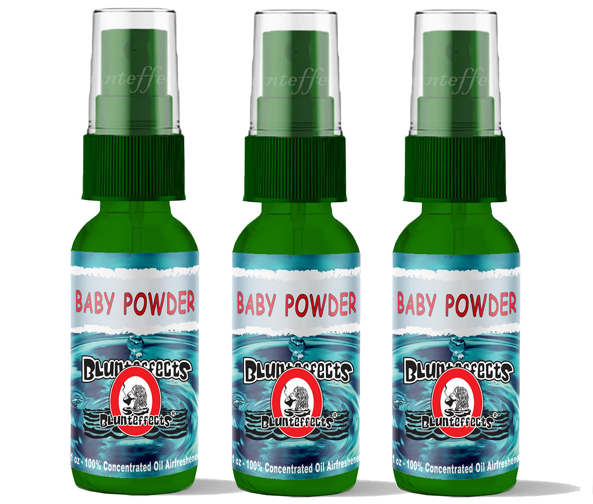 Blunteffects front packaging showing 3-pack Baby Powder scent and clear labeling, fresh-smelling convenience