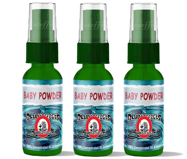 Blunteffects front packaging showing 3-pack Baby Powder scent and clear labeling, fresh-smelling convenience
