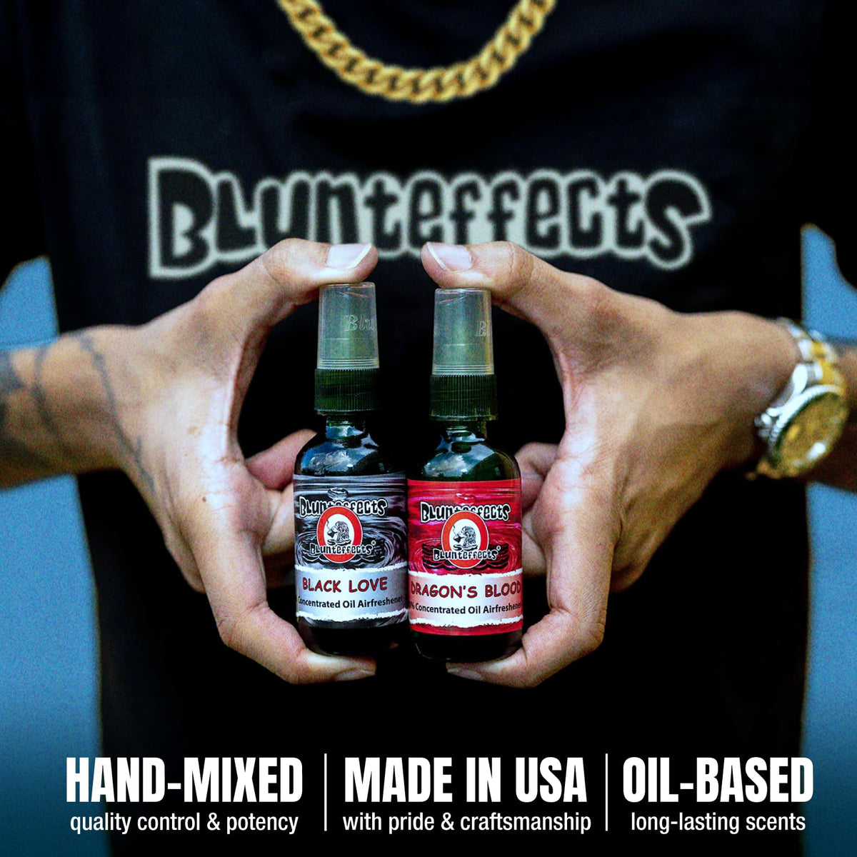 Blunteffects labelled bottle side showing ingredient area and scent name clarity