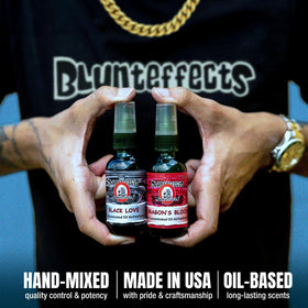 Blunteffects labelled bottle side showing ingredient area and scent name clarity