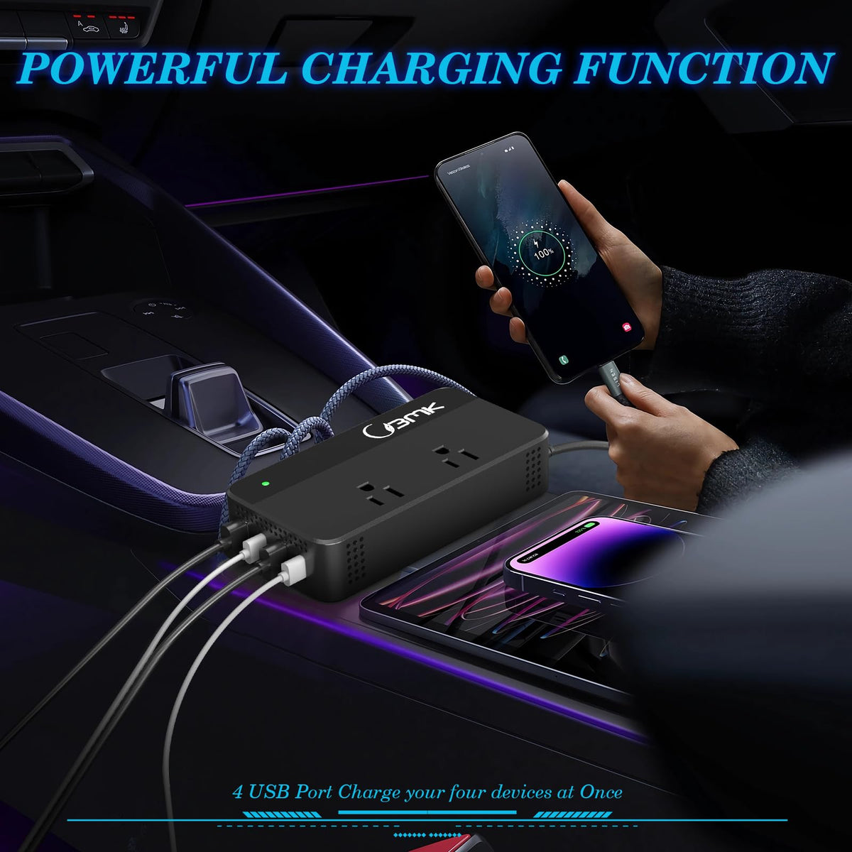 BMK BLUEMICKEY close-up of QC3.0 and USB-C PD ports for fast charging multiple devices