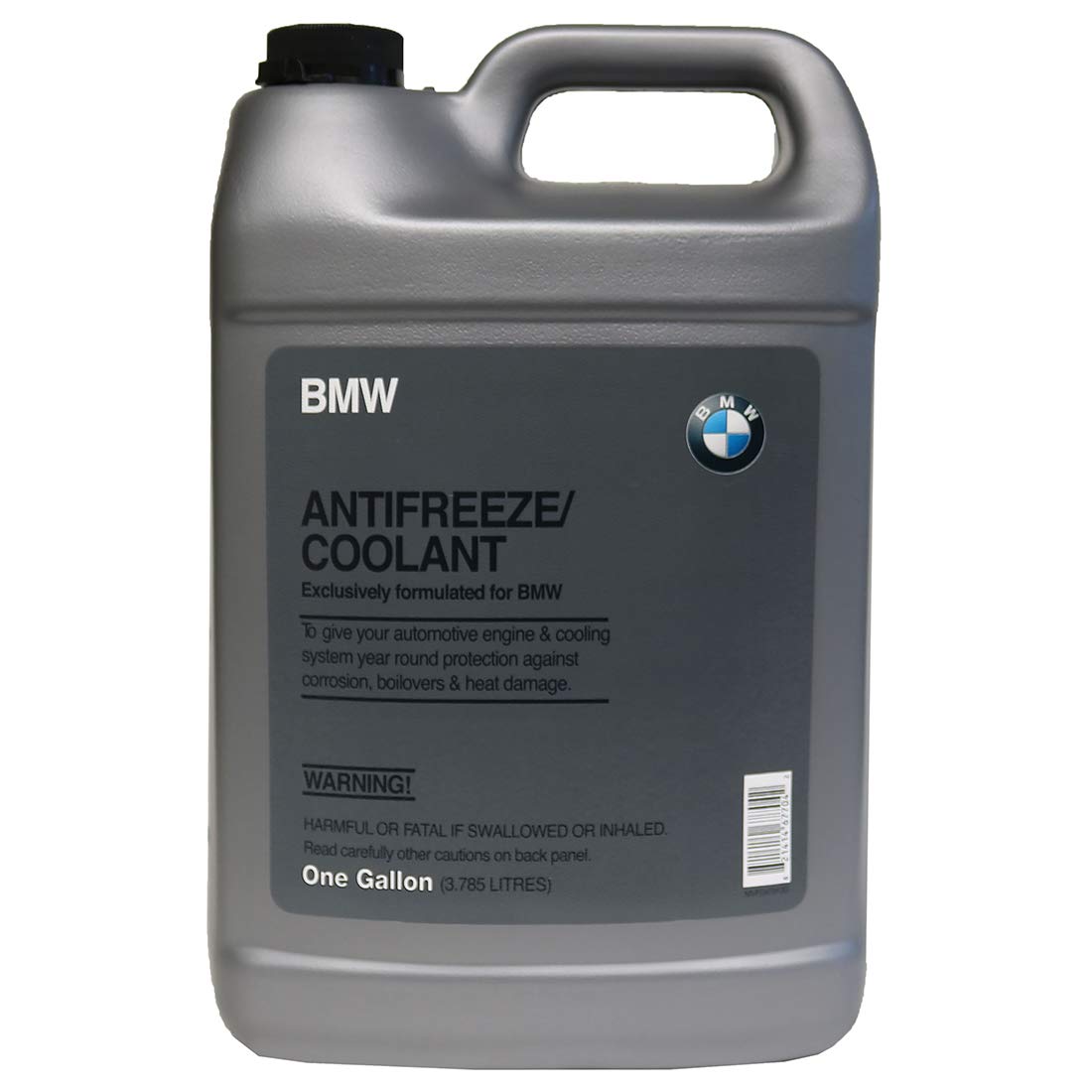 BMW antifreeze bottle front label showing part number and OEM benefit