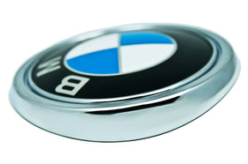 BMW emblem close-up of finish highlighting precise paint and gloss