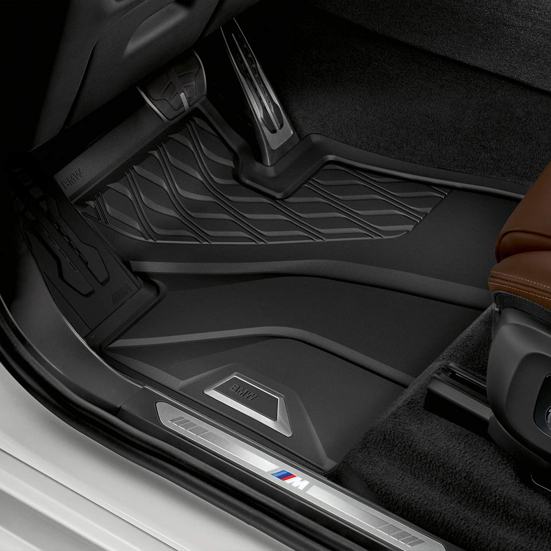 BMW genuine all-weather front mats top view showing fit and durable texture benefit