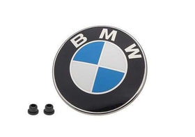 BMW 82mm hood emblem front view showing chrome trim and blue white roundel
