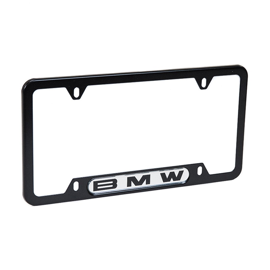 BMW black license plate frame front view showing clean OEM fit and durable finish