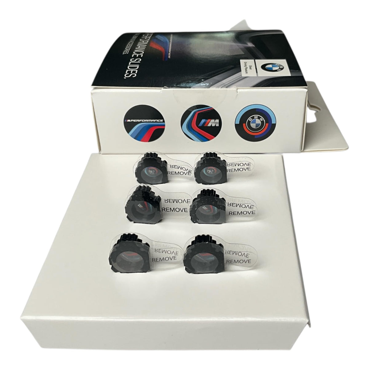 BMW M Performance slides front packaging showing six interchangeable motifs for personalization