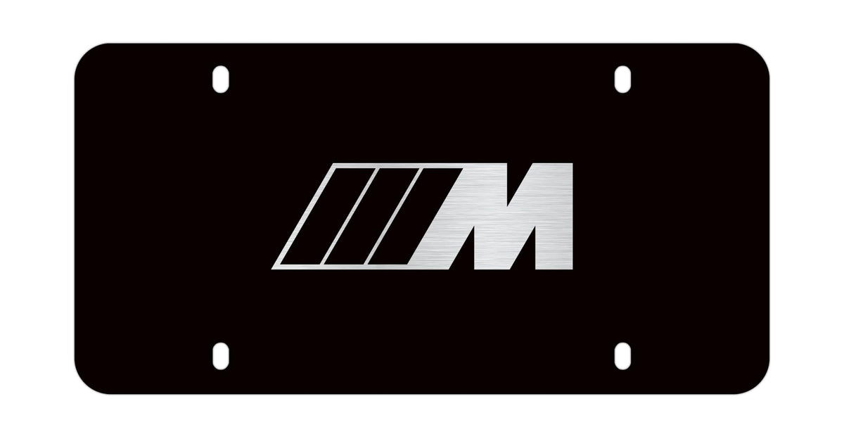 BMW stainless steel marque plate front view showing black M and premium look