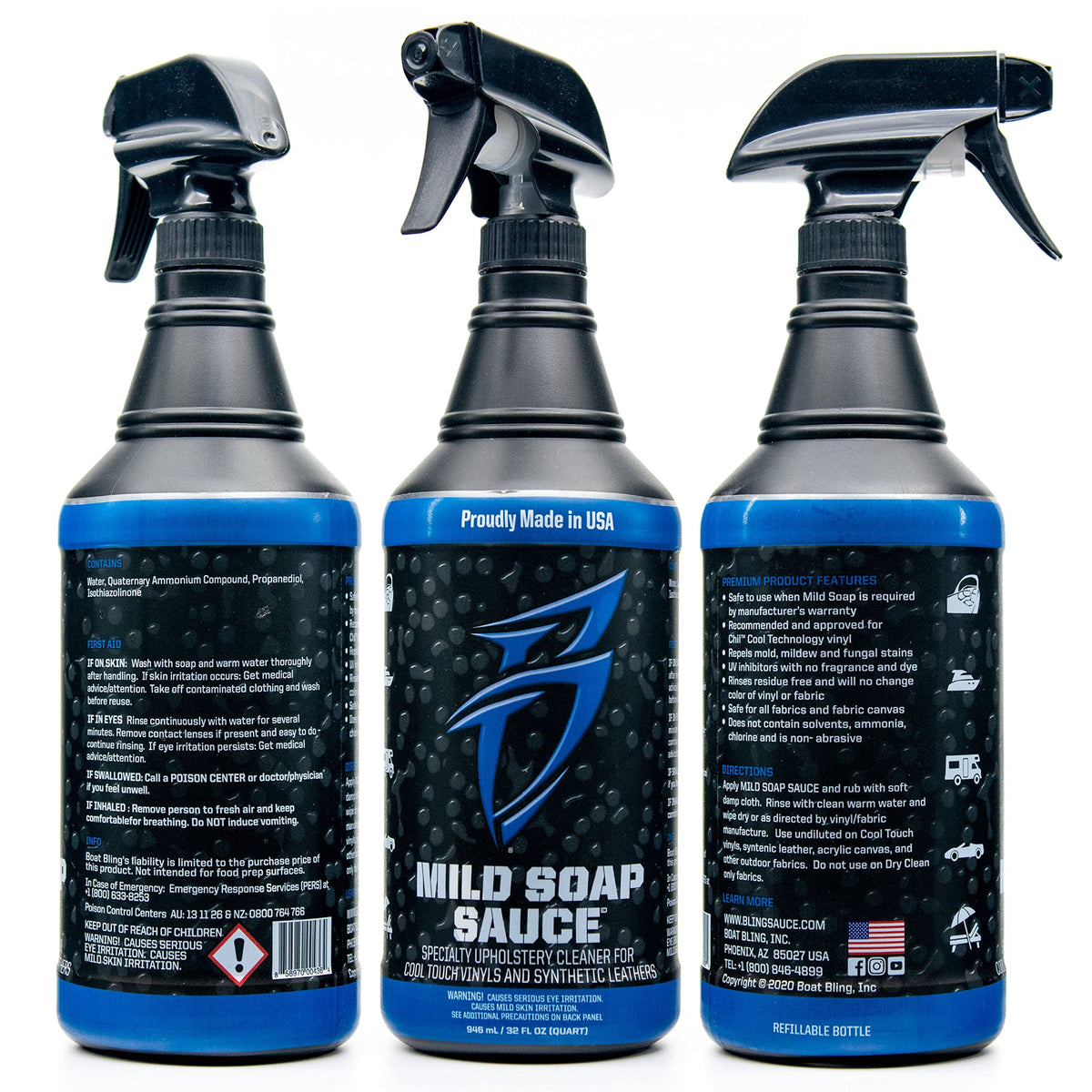 Boat Bling label close-up highlighting 32 oz mild cleaner and benefits