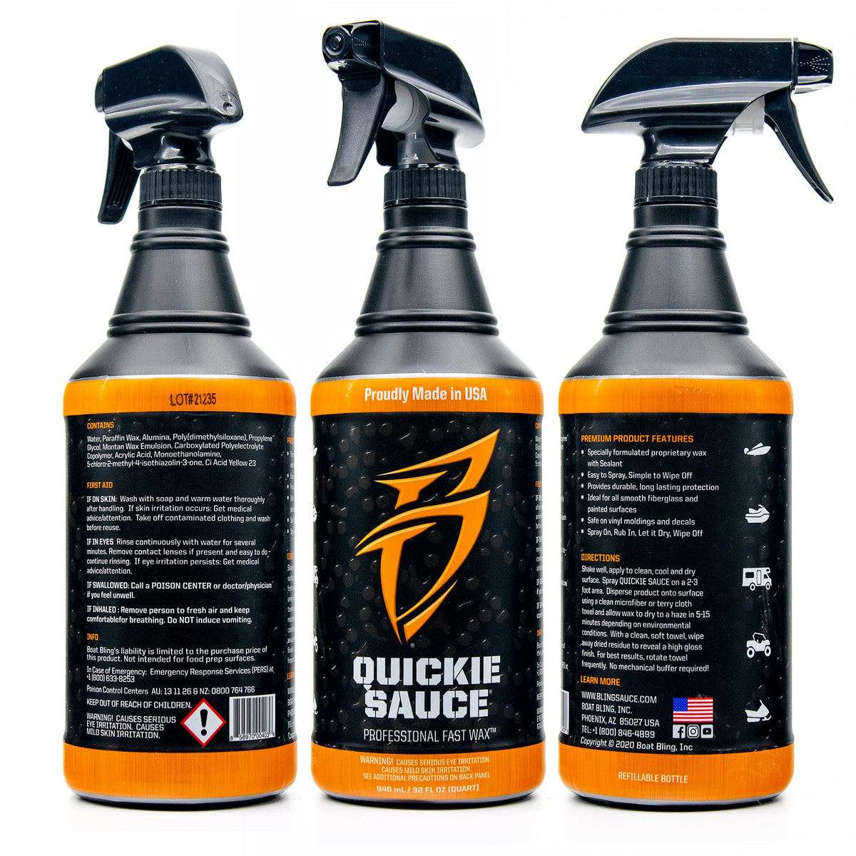 Boat Bling spray nozzle and trigger close-up, enables fast spray-and-wipe application