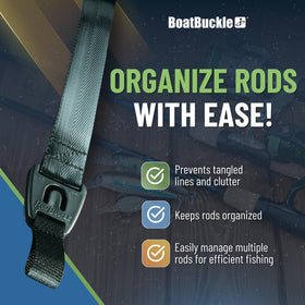 BoatBuckle holding a fishing rod with strap engaged for fast access benefit