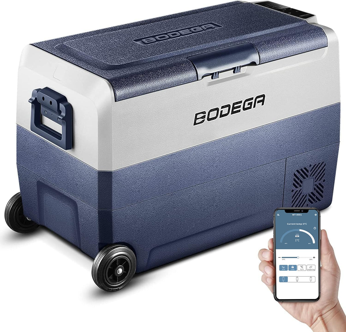 BODEGA front view of compact car fridge showing sturdy exterior and portability benefits