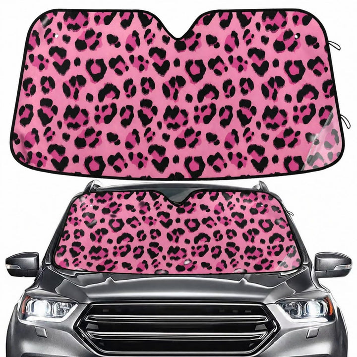 BOENLE front view of hot pink leopard sunshade protecting windshield