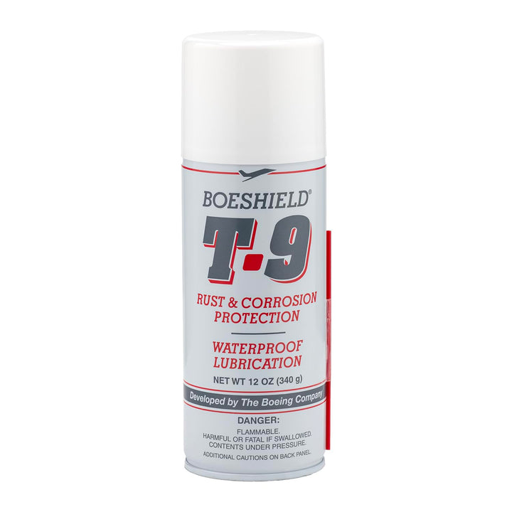 Boeshield T-9 front can showing label and limited edition design, protecting metal long-term