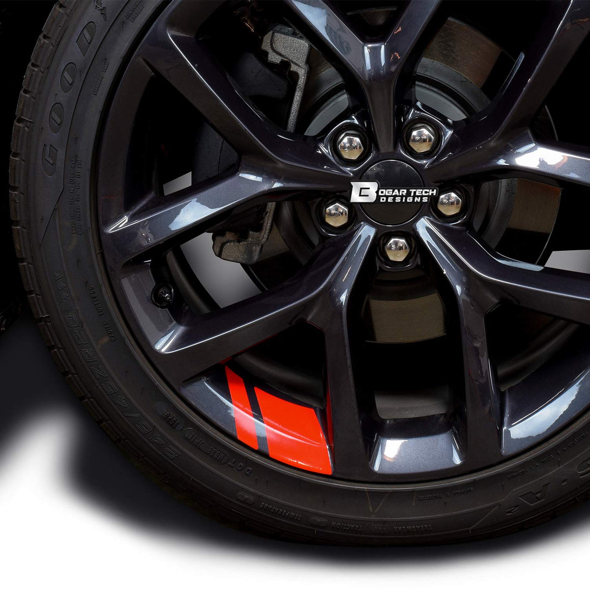 BOGAR TECH DESIGNS front packaging showing gloss red rim decal kit and included instructions for easy install