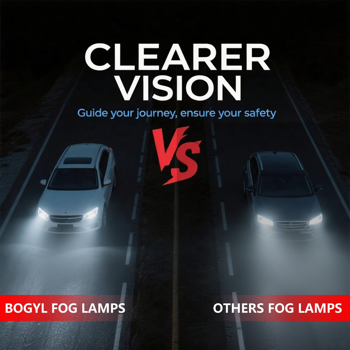 BOGYL fog lights illuminating road in night drive for improved visibility benefit