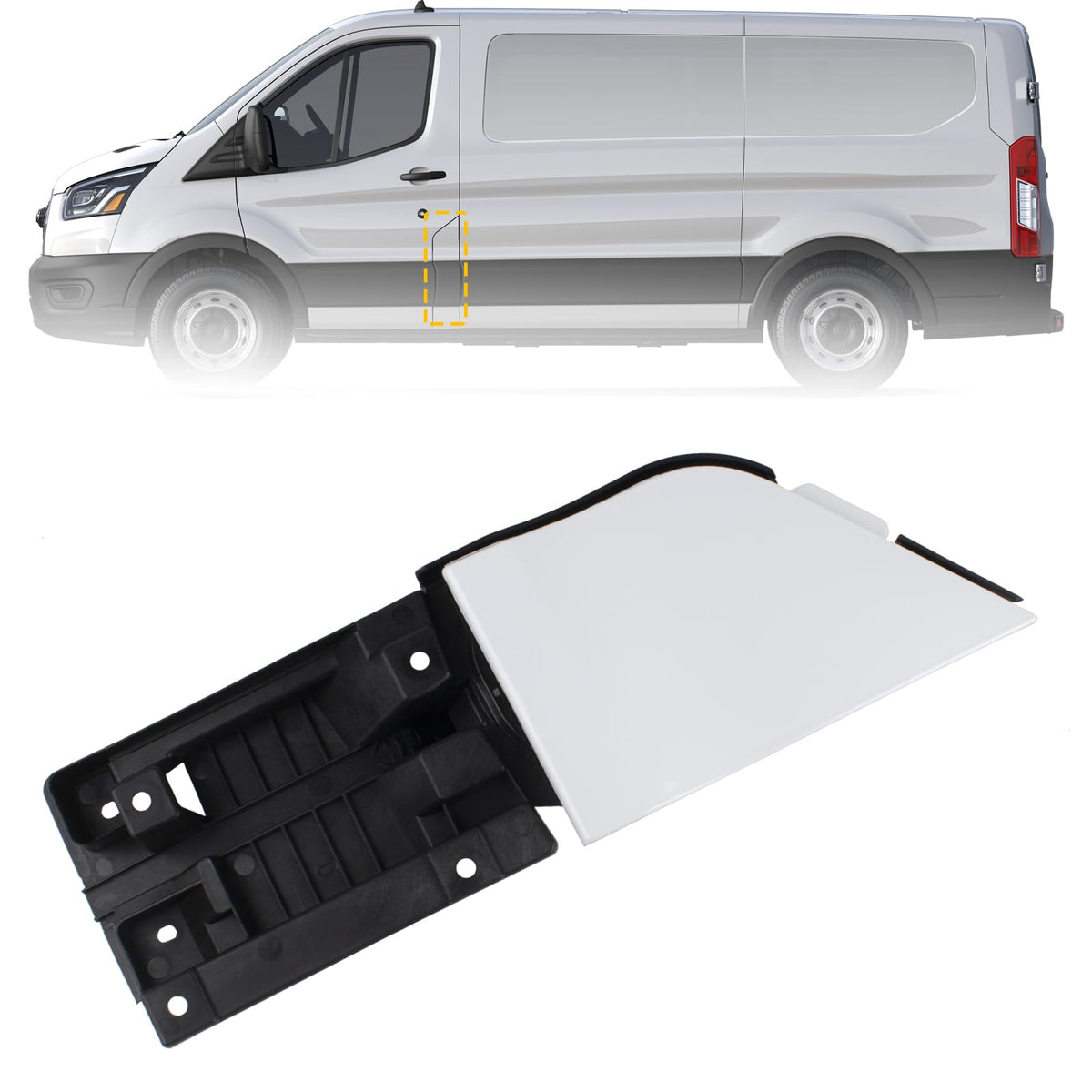Boine front view of fuel filler door showing clean white cover and fit