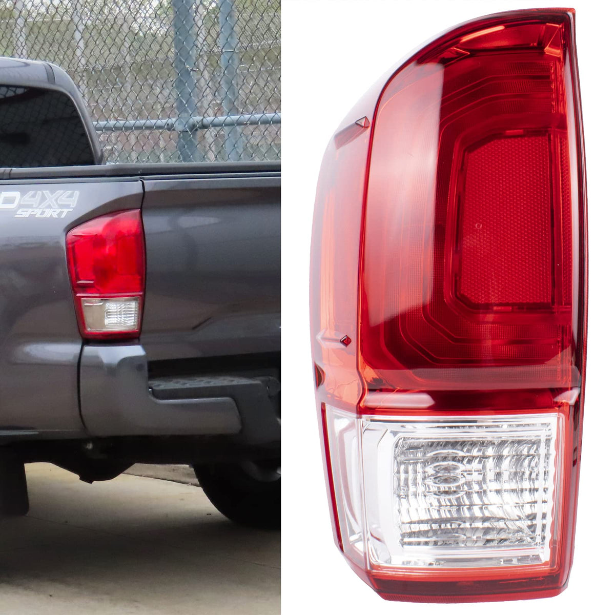 Boine left tail light front assembly showing full red housing and fit for Tacoma