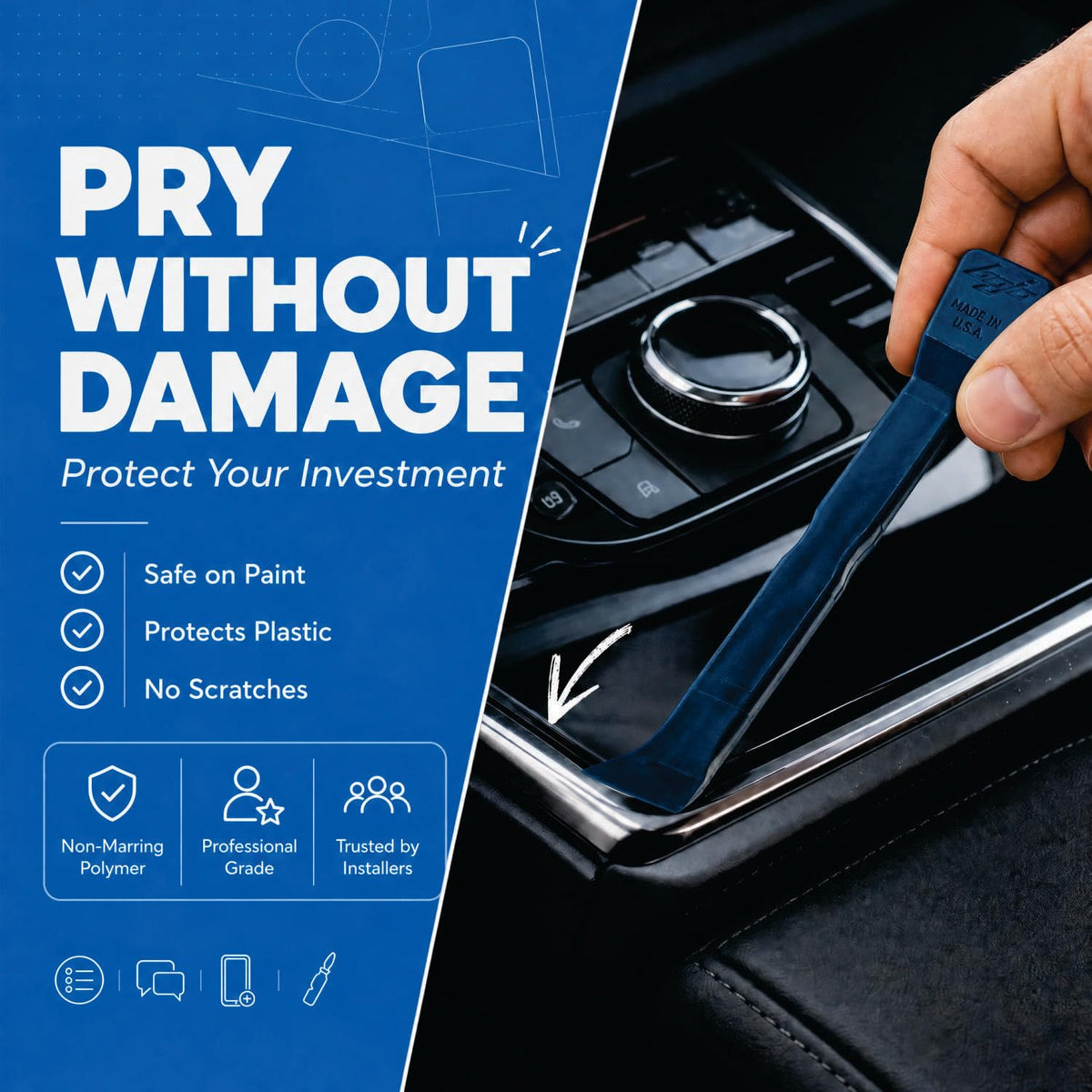 Bojo tools in use prying car door panel without scratches