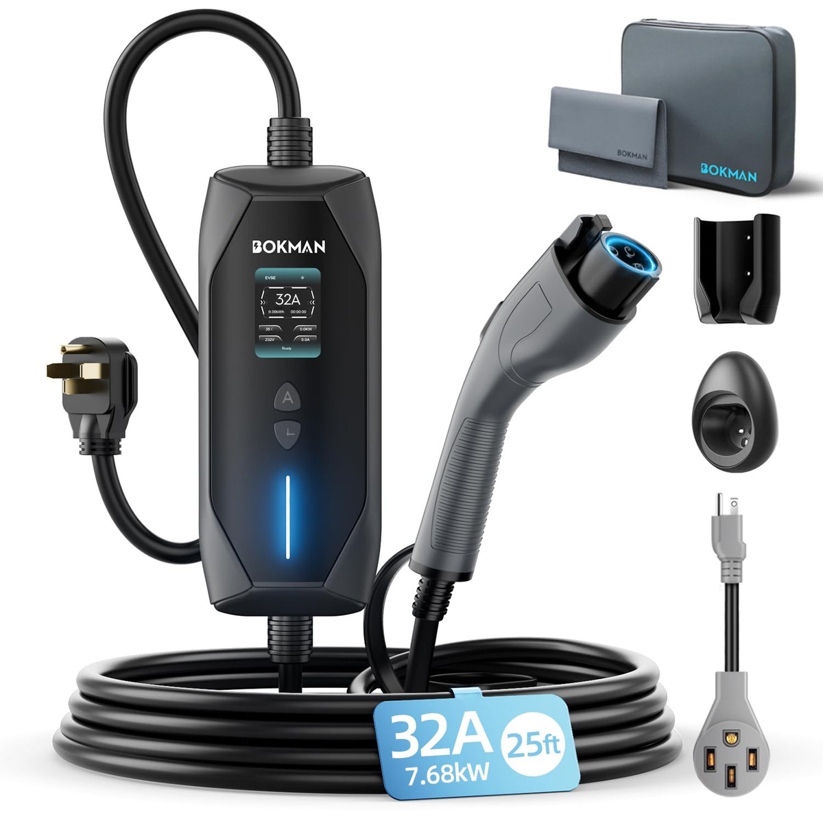 bokman front packaging showing charger and included adapter, highlights portability