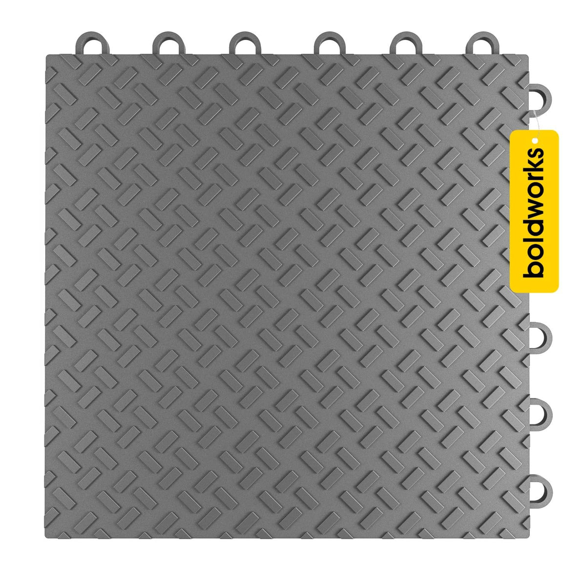 boldworks front packaging showing 48-tile black garage flooring pack, easy install benefit