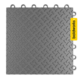 boldworks front packaging showing 48-tile black garage flooring pack, easy install benefit
