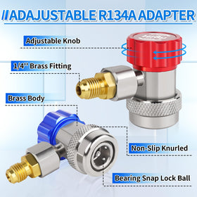 Boltigen adapter connected to manifold gauge set showing compatibility with R134a tools
