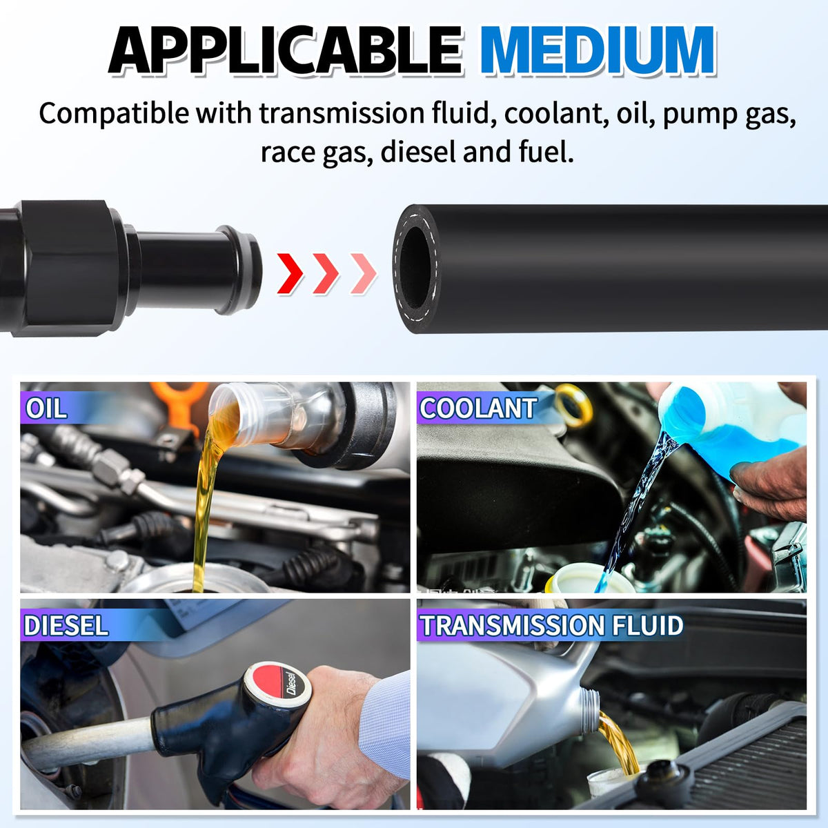 Boltigen hose bent to show flexibility for tight engine-bay routing and easy installation