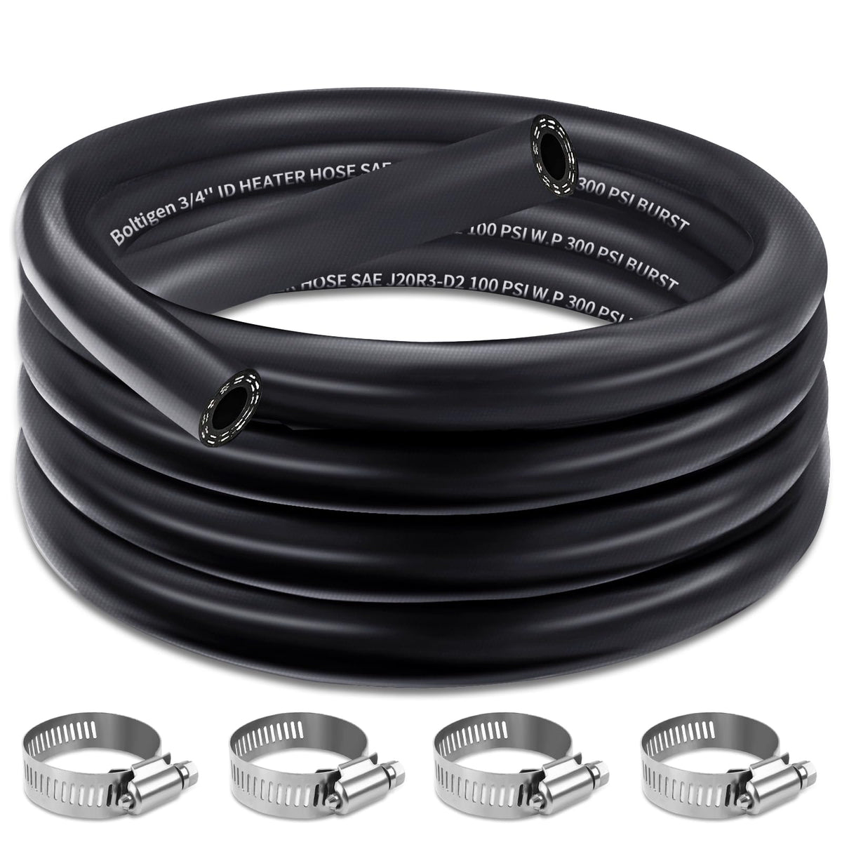 Boltigen front packaging showing 10ft hose and included clamps for quick install