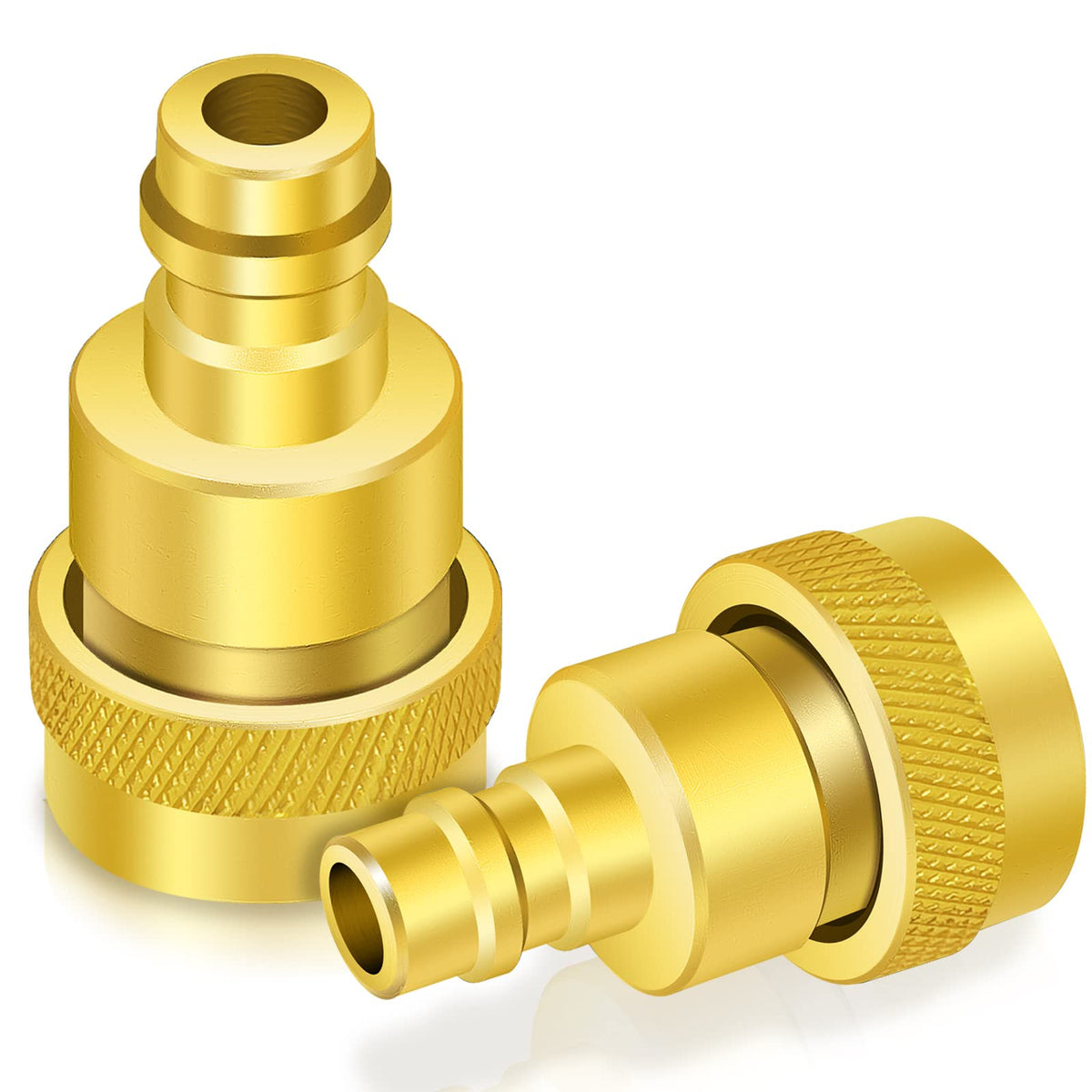 Boltigen front view of both adapters showing durable brass construction and easy grip