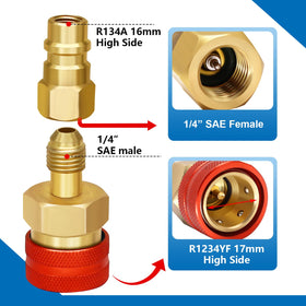 Boltigen red high-side adapter on display for correct high-pressure R1234yf connections