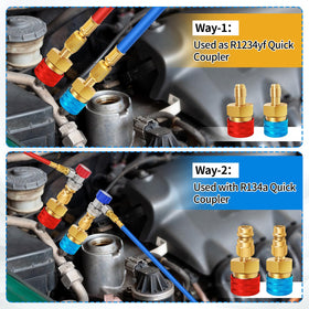 Boltigen adapter connected to car AC hose illustrating tool compatibility and convenience