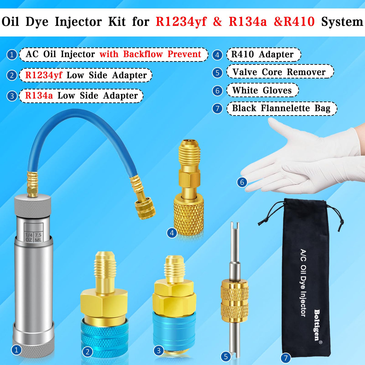 Boltigen injector attached to car AC low-side port for accurate dye injection