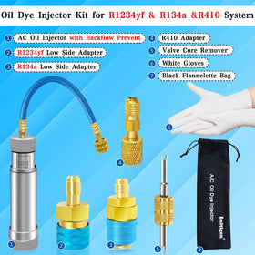 Boltigen injector attached to car AC low-side port for accurate dye injection