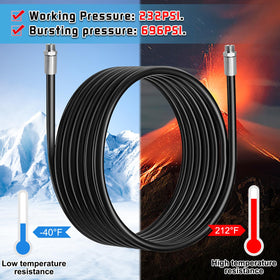 Boltigen hose laid beside tape measure showing 10-foot length scale benefit